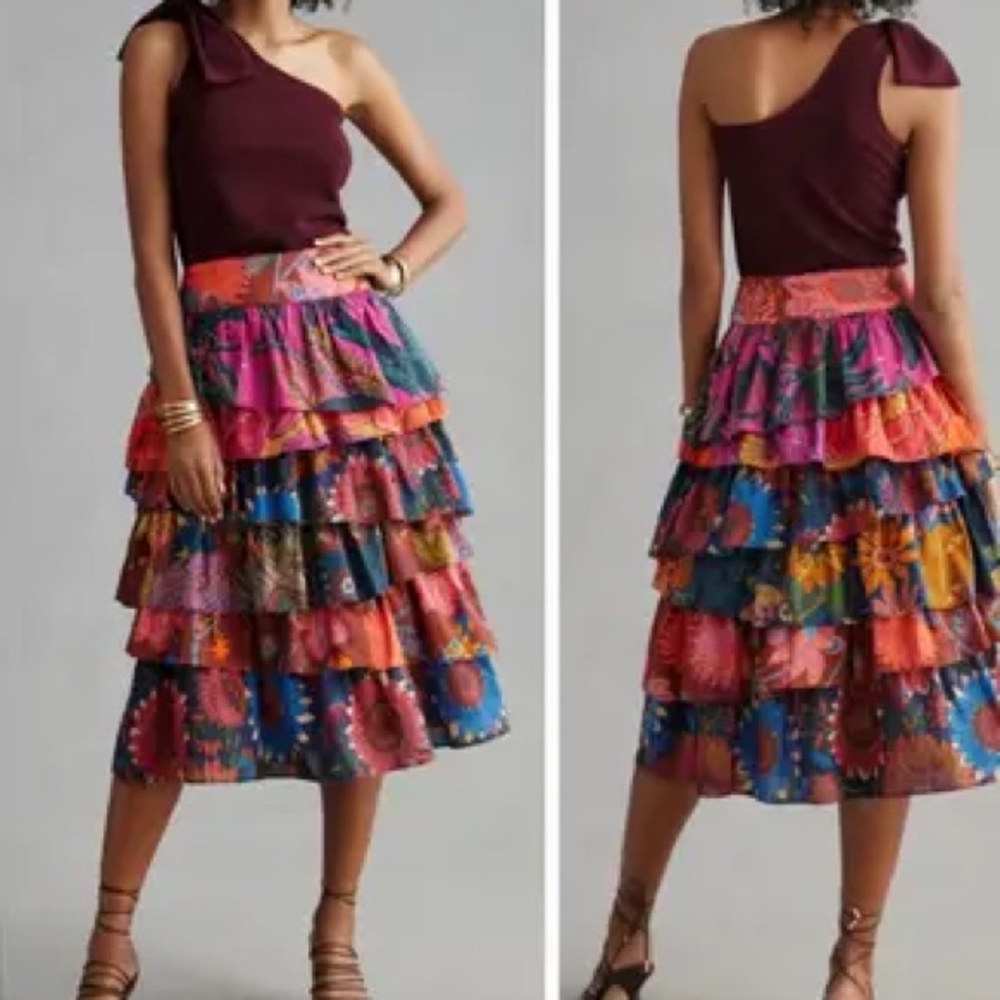 Rare FARM Rio Multicolor Tiered Midi Skirt - Pink, Orange, Blue, Green  NWOT